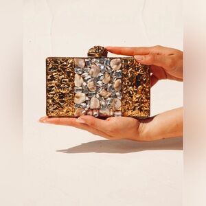 RAMLA ARYA Gold Brass Clutch Purse with Gemstone Embellishments